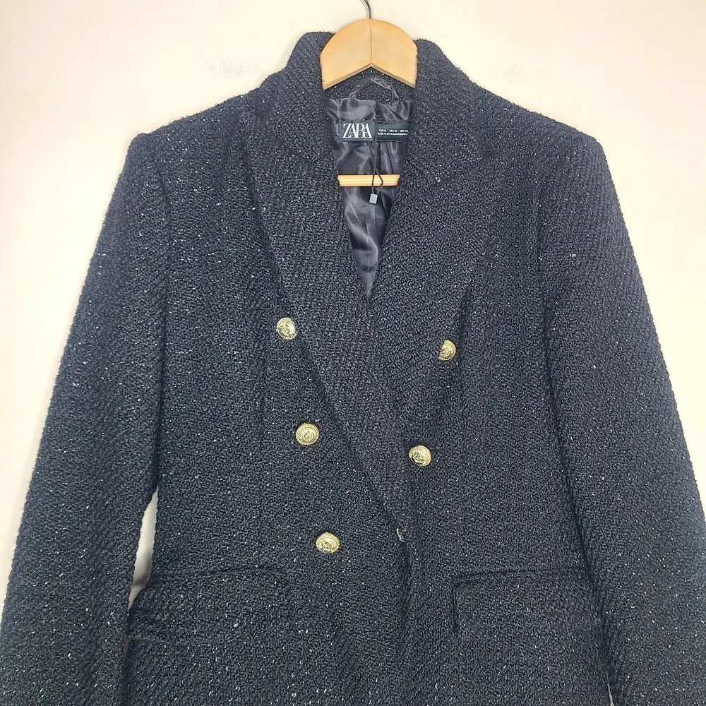 ZARA Double Breasted Textured Weave Black Gold Accents‎ Blazer Jacket M